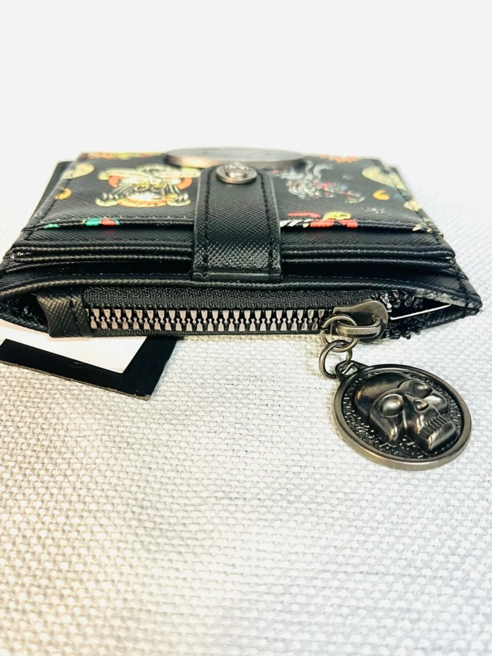 Ed Hardy Black Tattoo-Print Card Holder Coin Purse with Signature Zipper Pull - Picture 5 of 6